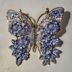 Anthropologie Blue and Gold Butterfly Brooch